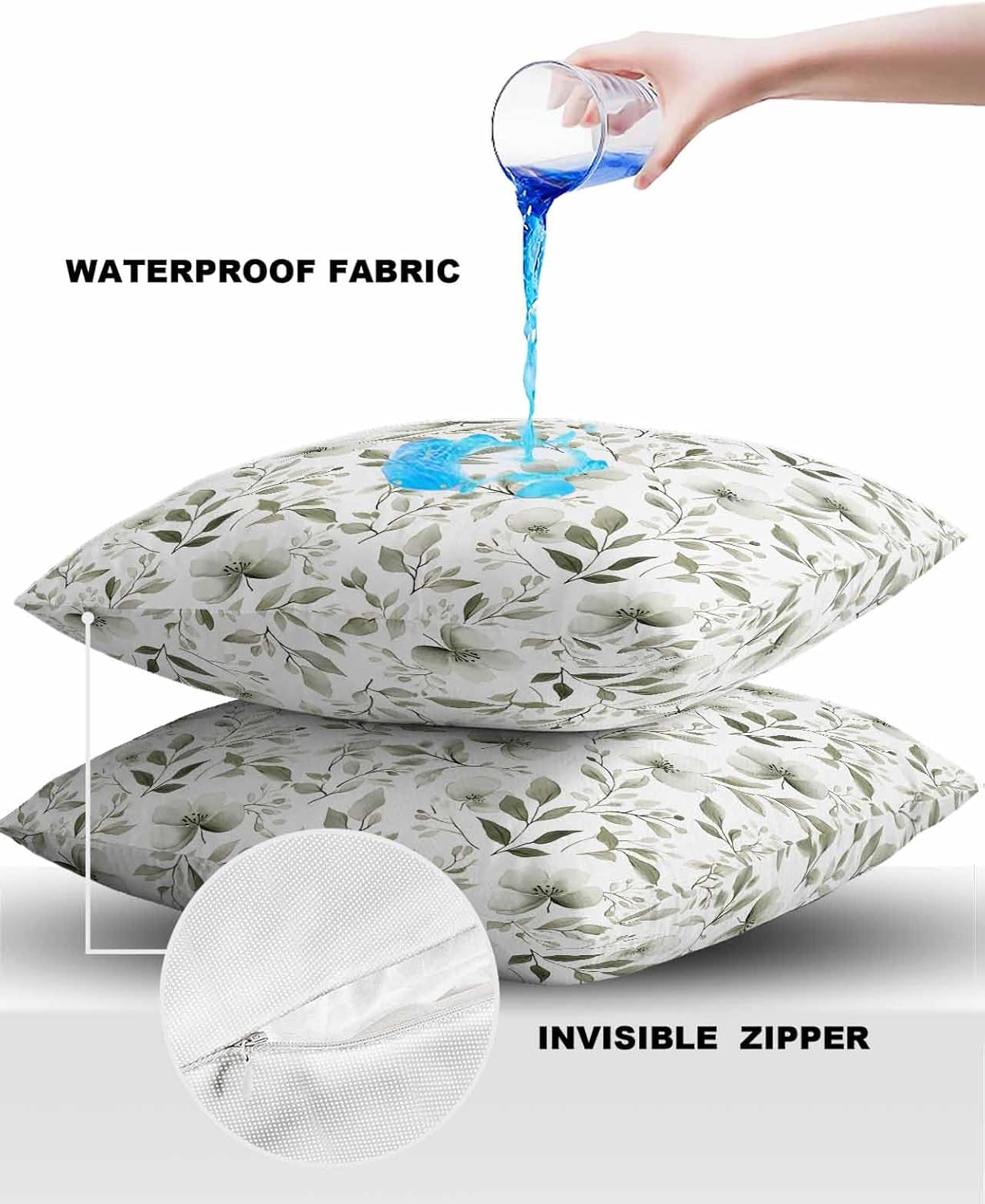 Outdoor Waterproof Pillow Covers Sage Green Botanical Leaf Decorative Throw Pillow Protectors, Farmhouse Plant Floral Pillowcase Cushion Cases for Patio Sofa Garden Couch,16x16IN,Pack of 2