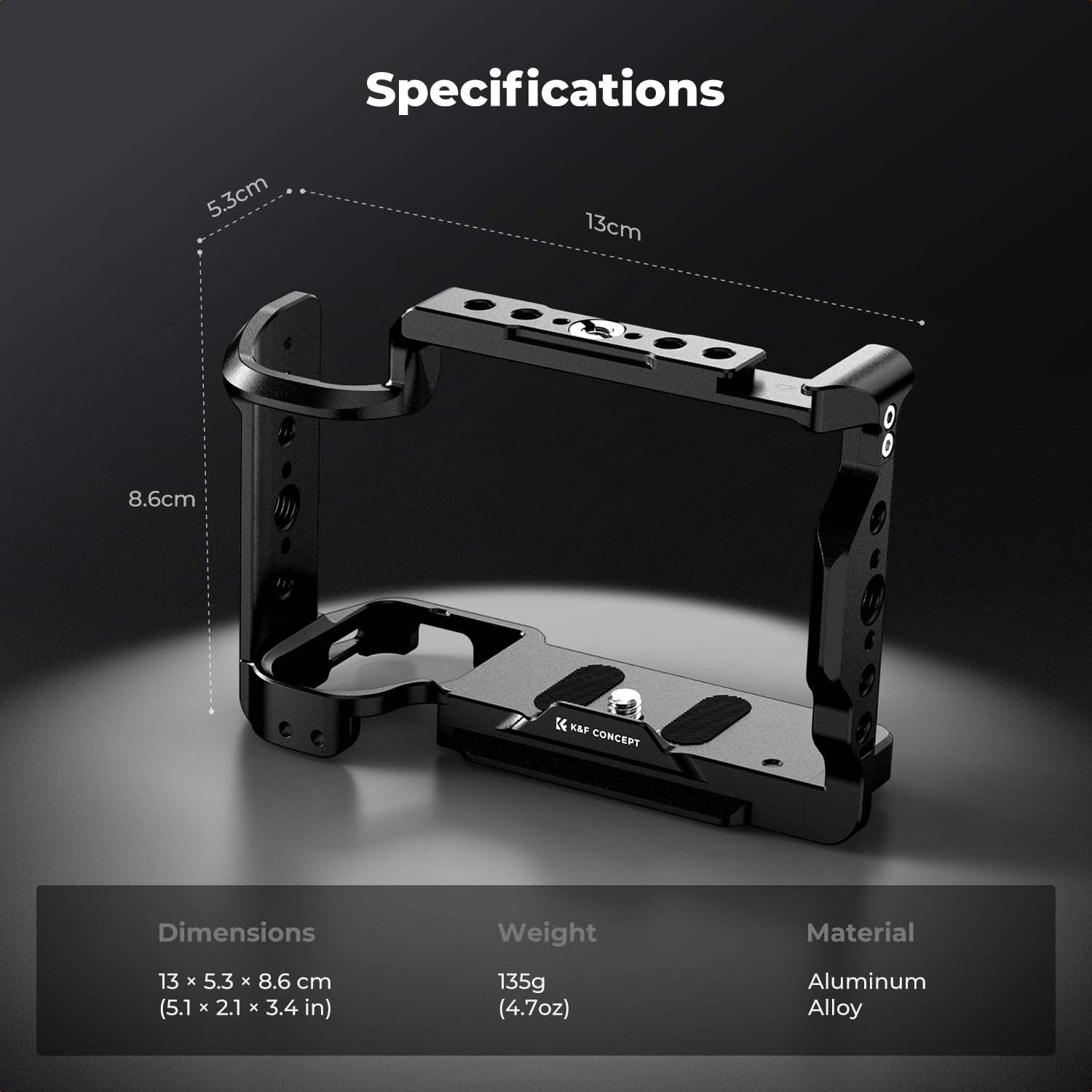 K&F CONCEPT Klatka na aparat kompatybilna z Sony ZV-E1 Ultralekka aluminiowa 135 g, mocne i stabilne z gwintem zimnym 1/4" i 3/8", silikonową podstawą, szybkim demontażem