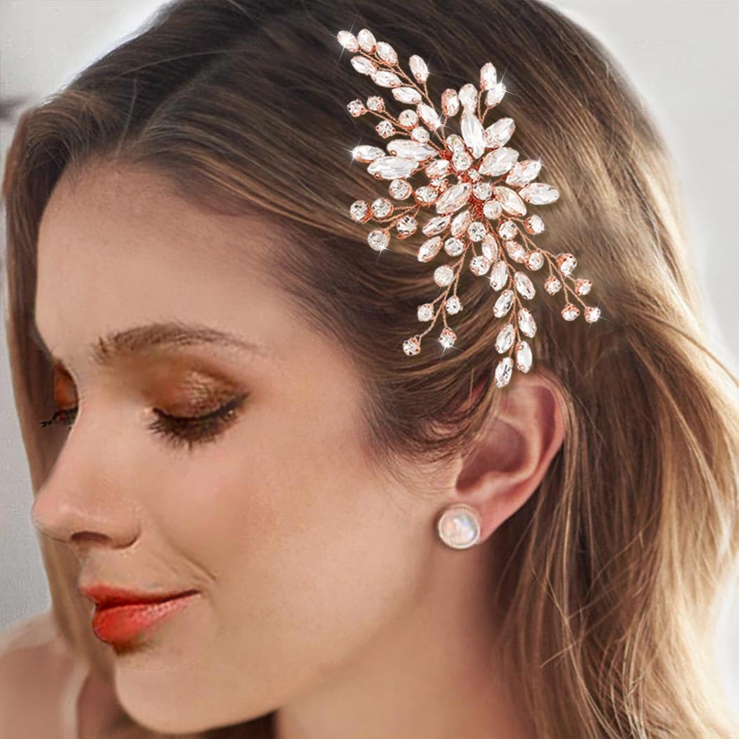 Easedaily Bride Wedding Hair Comb Silver Crystal Hair Pieces Rhinestone Headpieces Bridal Hair Side Combs Hair Accessories for Women and Girls (C-Rose