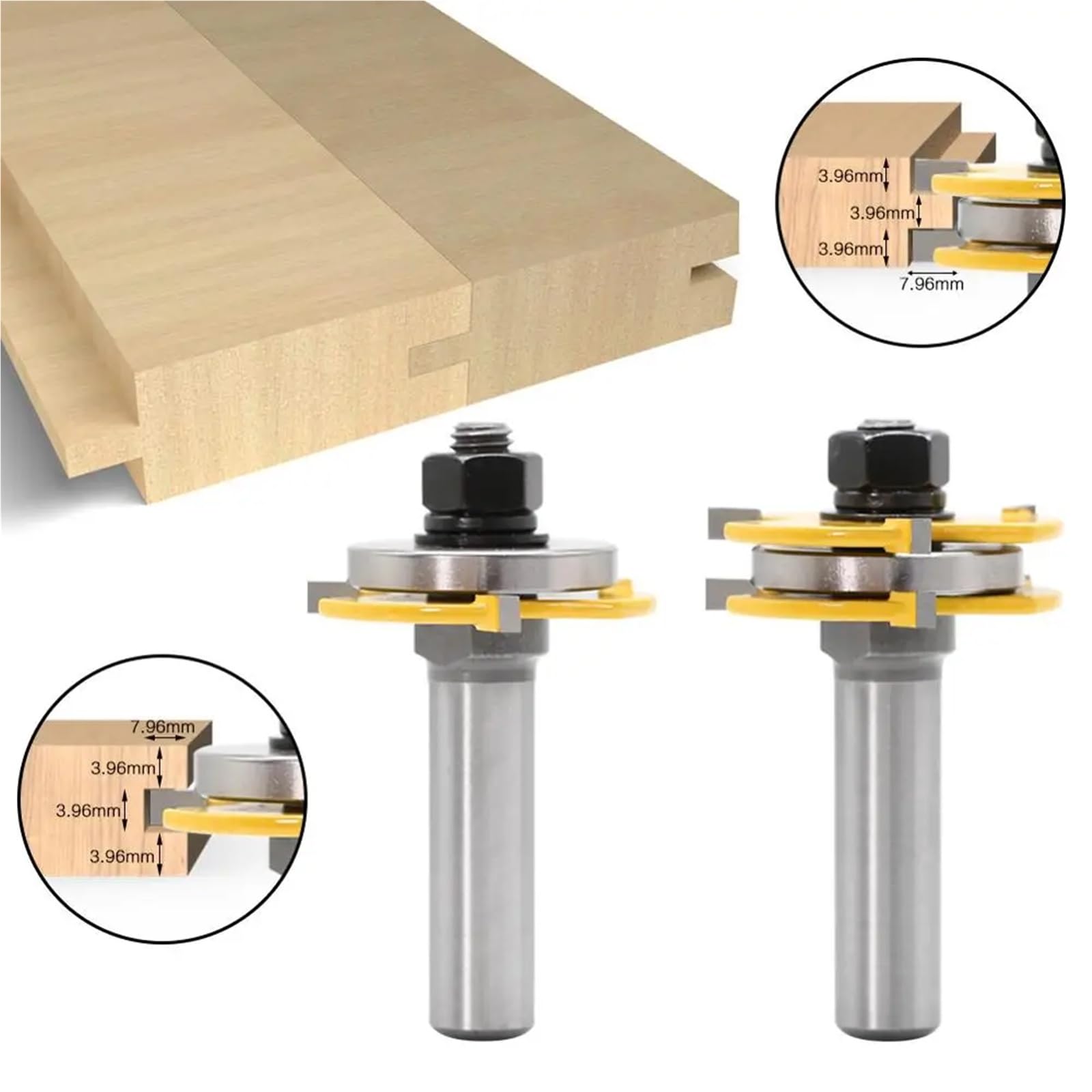 Fresa per incastri maschio-femmina, Frese for fresa con scanalatura a T da 2 pezzi for linguetta e gambo 12 mm 1/2 pollice(12mm Shank)