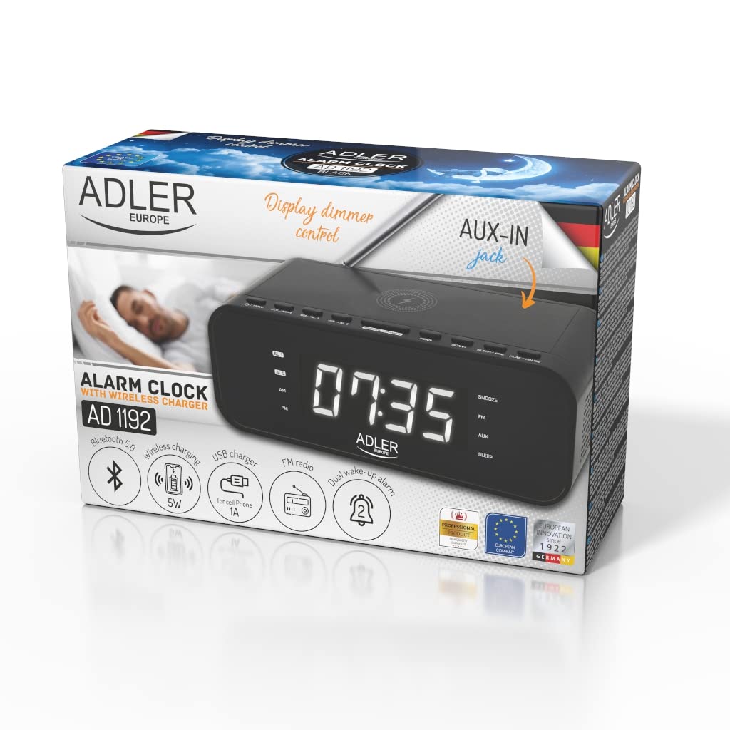 ADLER AD 1192B Radiowecker mit kabellosem Ladegerät Bluetooth 5.0 UKW-Radio 30 Sender Speicher Digitaler Wecker AUX-Eingang Snooze-Funktion Teleskopantenne (Schwarz)