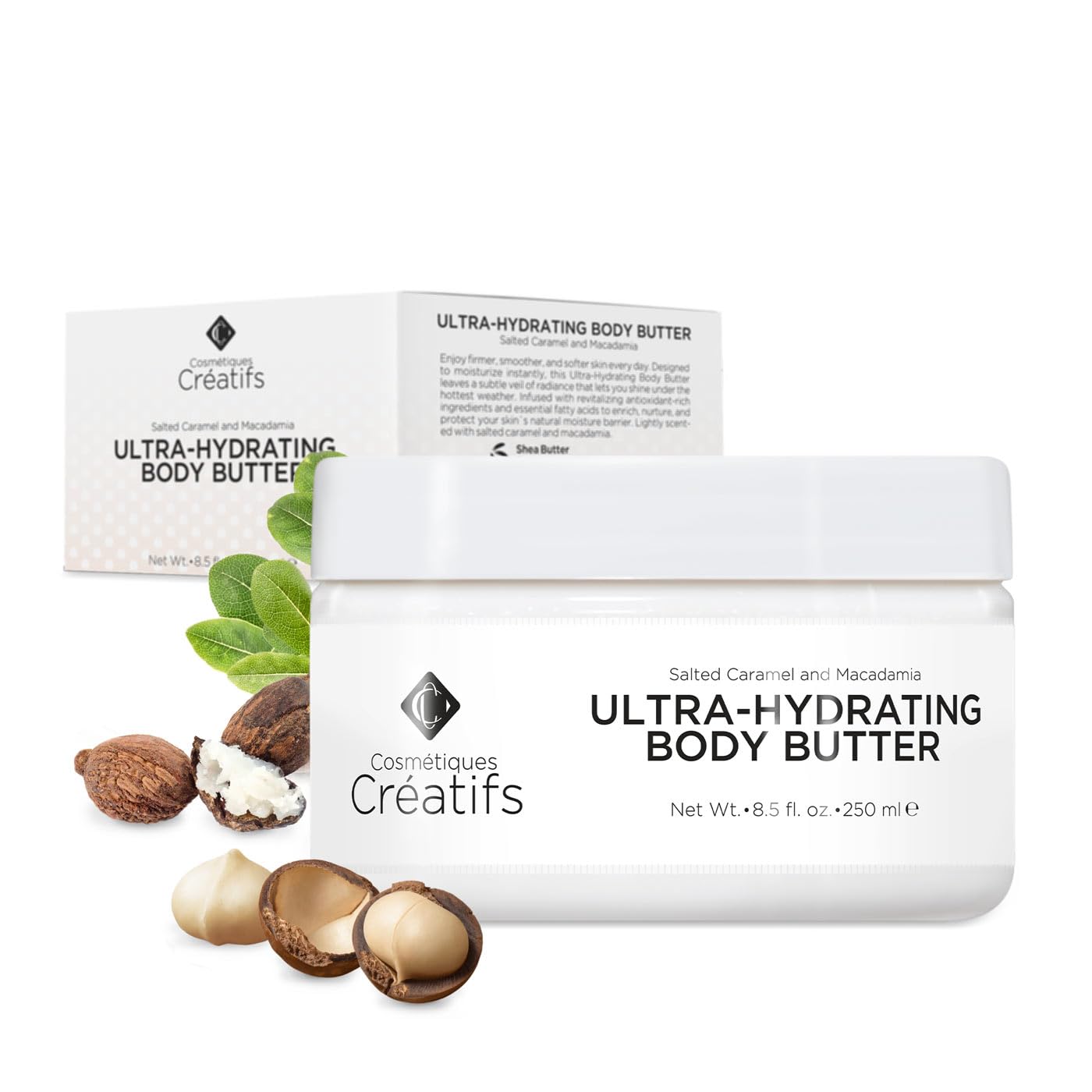 Cosmétiques Créatifs Ultra-Hydrating Body Butter with Shea Butter, 8.5 fl. oz., Salted Caramel and Macadamia Scent, Deep Moisturizing, Soothes,