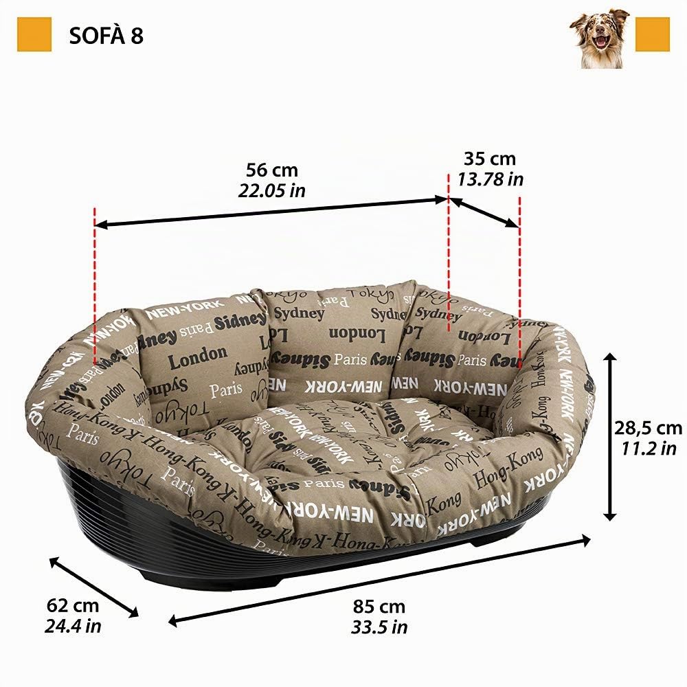 Ferplast Cuccia Cane con Cuscino SOFA' 8 in Cotone Lavabile, Lettino per Cani da Interno Imbottito, Cesta in Plastica, Fondo Forato e Poggiamento, Antiscivolo, 85 x 62 x h 28,5 cm, Marrone