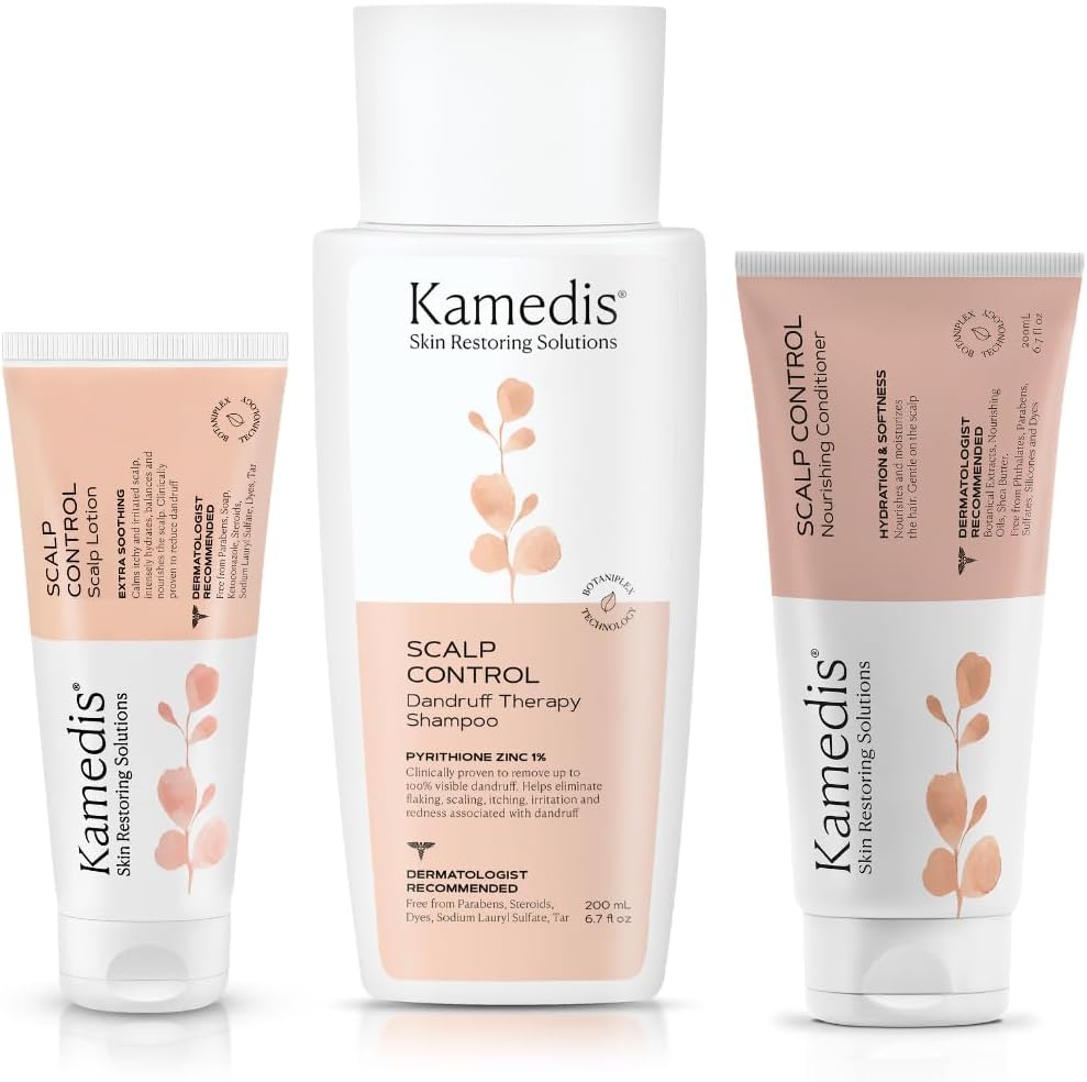 KAMEDISClinically Proven Anti-Dandruff Shampoo, Leave-On Over-Night Scalp Lotion & Hair Conditioner Set. Treatment For Dry, Itchy, Flaky & Sensitive Scalp. Dermatologist Recommended Hair & Scalp Kit