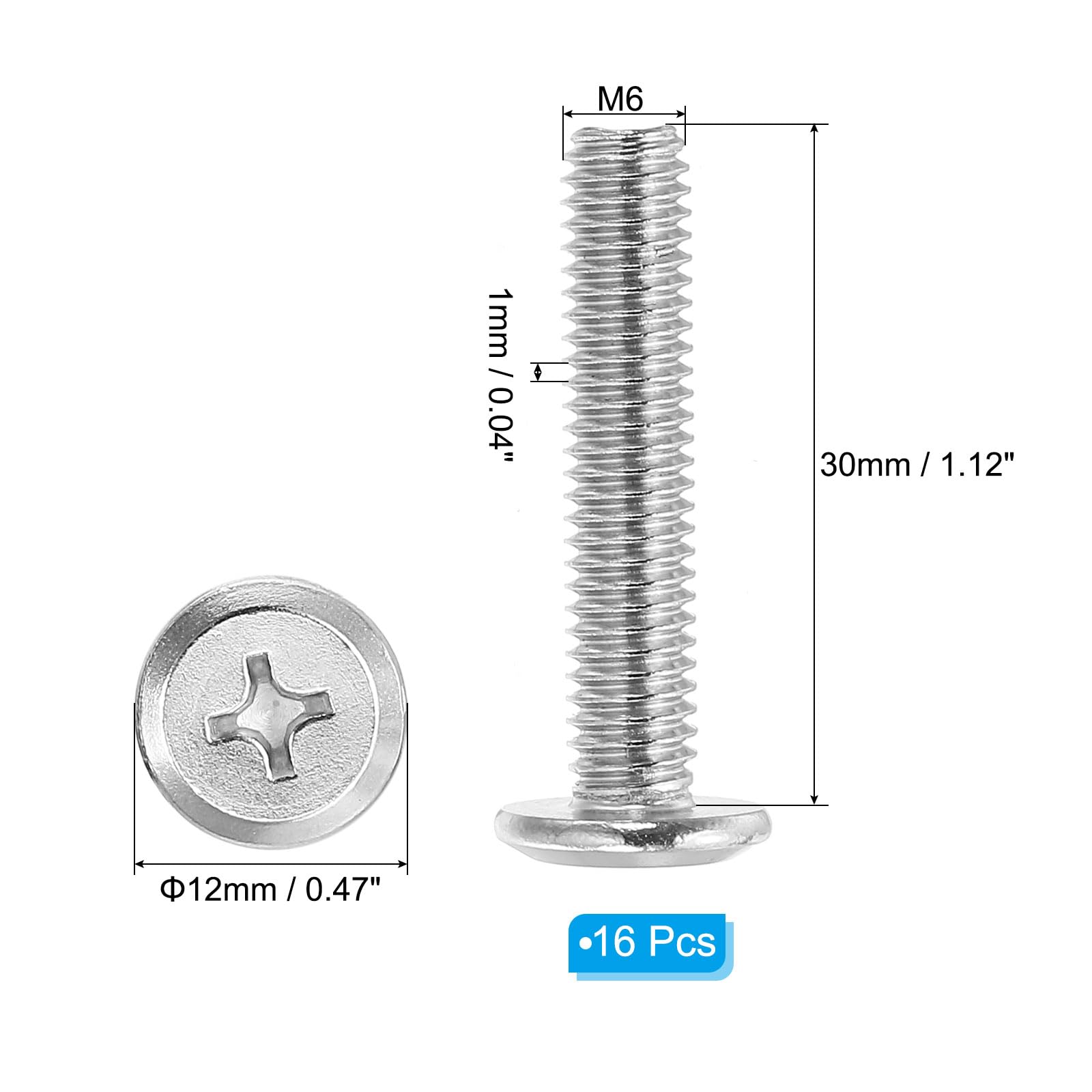 PATIKIL Flat Round Head Phillips Screws, 16 Pack M6-1 x 30mm Binding Screws 304 Stainless Steel 18-8 Full Thread - Image 2