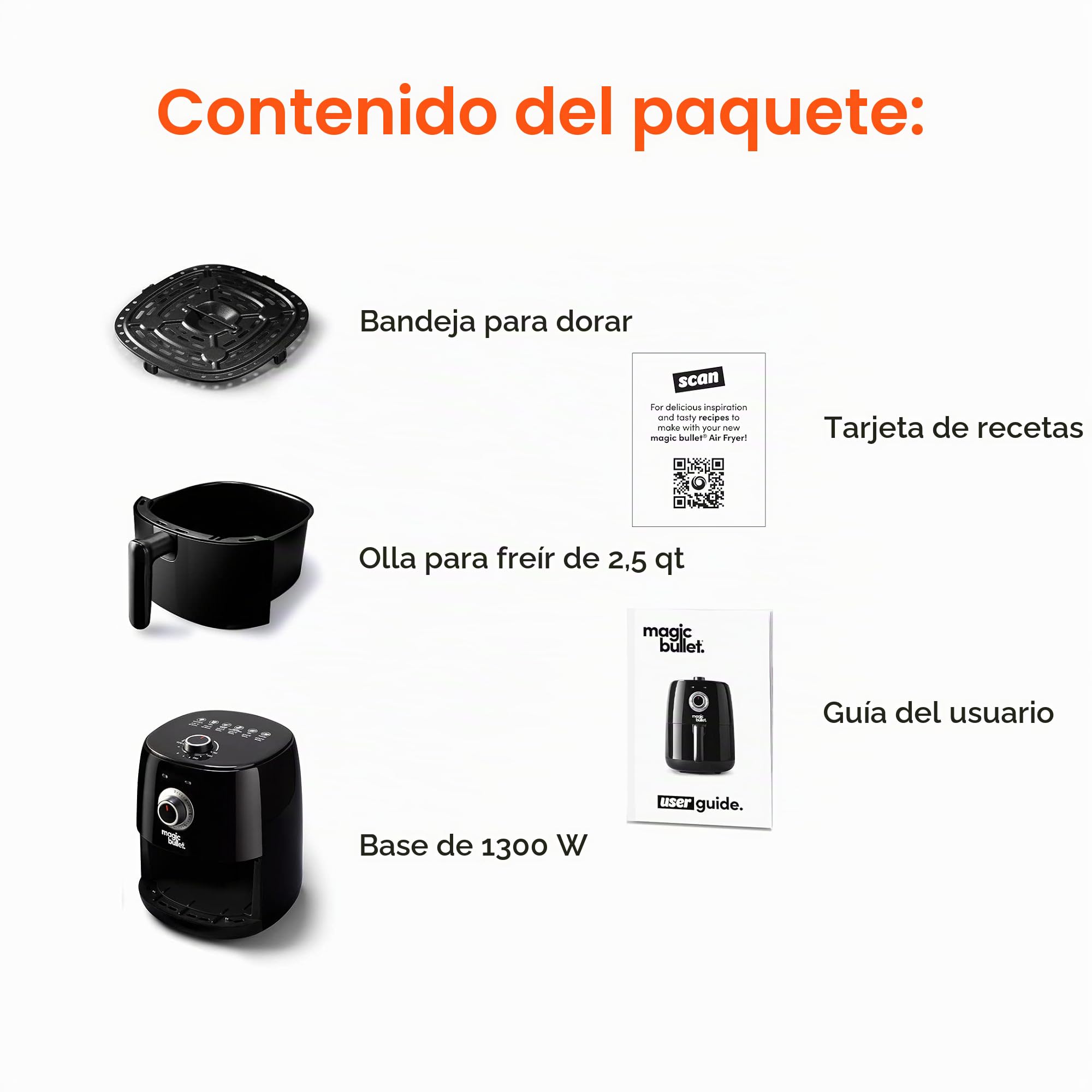 Magic Bullet Freidora de Aire 2.5l de capacidad, temperatura 80°-200°, freidora sin exceso de aceite 1300W, freidora de aire caliente compacta, Negra, MBA021B