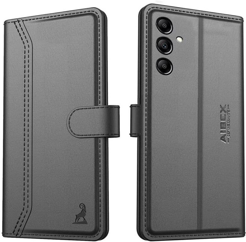 Image of AIBEX Compatible for Samsung A05S Flip Cover Leather Finish | Inside TPU with Card Pockets | Wallet Stand | Complete Protection Flip Case - Black