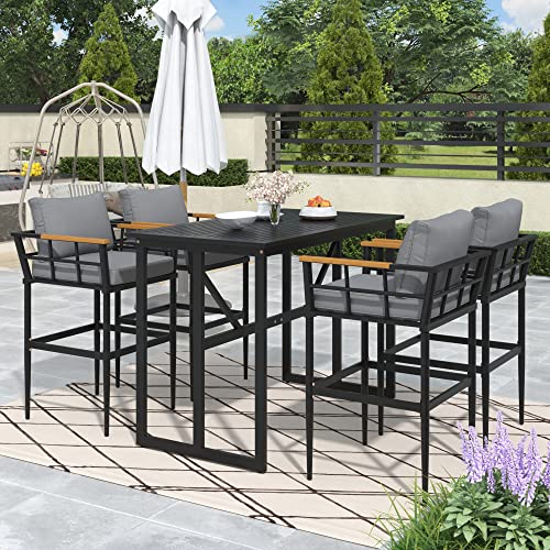 VilroCaz 5-Pieces Outdoor Counter Height Dining Set, All-Weather Steel Dining Table Set with Acacia Wood Armrest, Bar Height Chairs with Removable Cushion for Patio, Balcony Or Backyard
