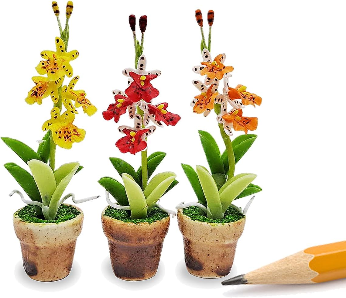 WitnyStore Tiny 2" High 3 Pieces Set Yellow Red Orange Orchid - Hand Made Artificial Flowers Colorful Miniature Realistic Modelling Clay Flower Plant Pot Blooming House Plants Home Indoor Decoration