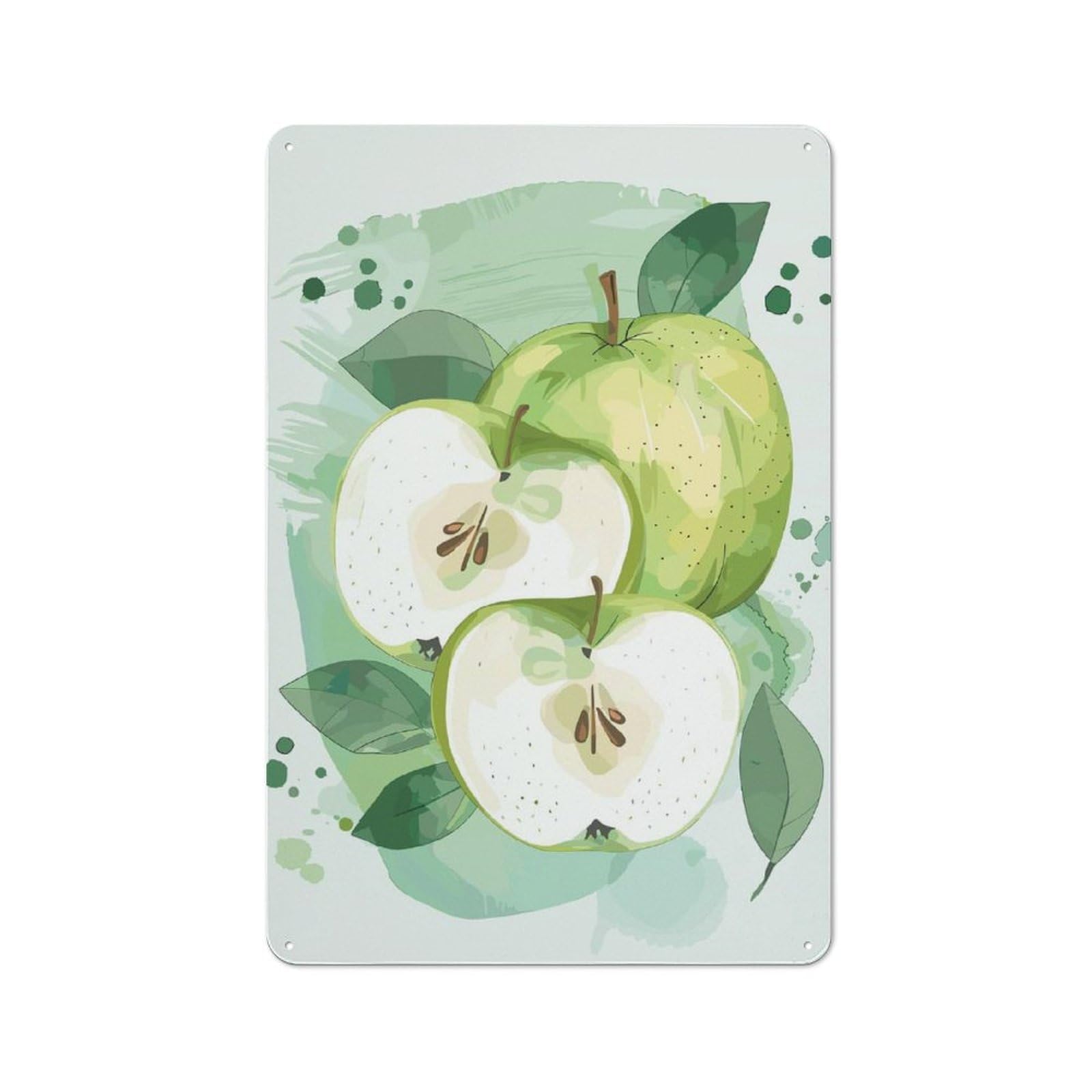 Junmoney Green Apple Watercolor Illustration Rustic Metal Plaque 30X20cm For Lounge Or Reading Corner, For Home Office, Studio And Craft Room Walls