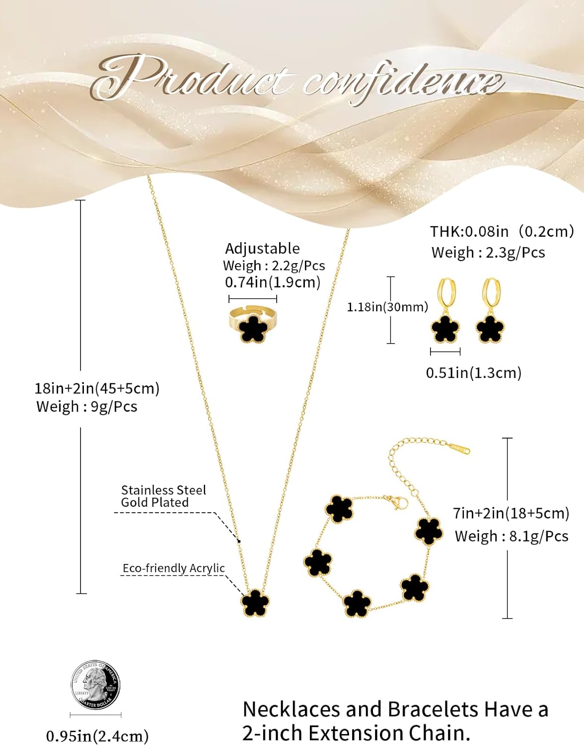 Gold Plated Stainless Steel Four Leaf Clover Bracelet Necklace Ring and Earrings Jewelry Set for Women