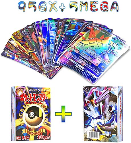 OMZGXGOD Pokemon Karten, 100 Stücke Pokemon GX MEGA Karten Sonne & Mond Series und Ultra Prism Series, Karte Für Tag Team, GX Karten EX MEGA Energy Trainer Karten (95GX+5MEGA)
