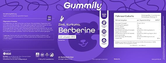 Premium Berberine Gummies - Ceylon Cinnamon - Turmeric Extract - Vitamin B12 - Sugar Free - Vegan - Non GMO