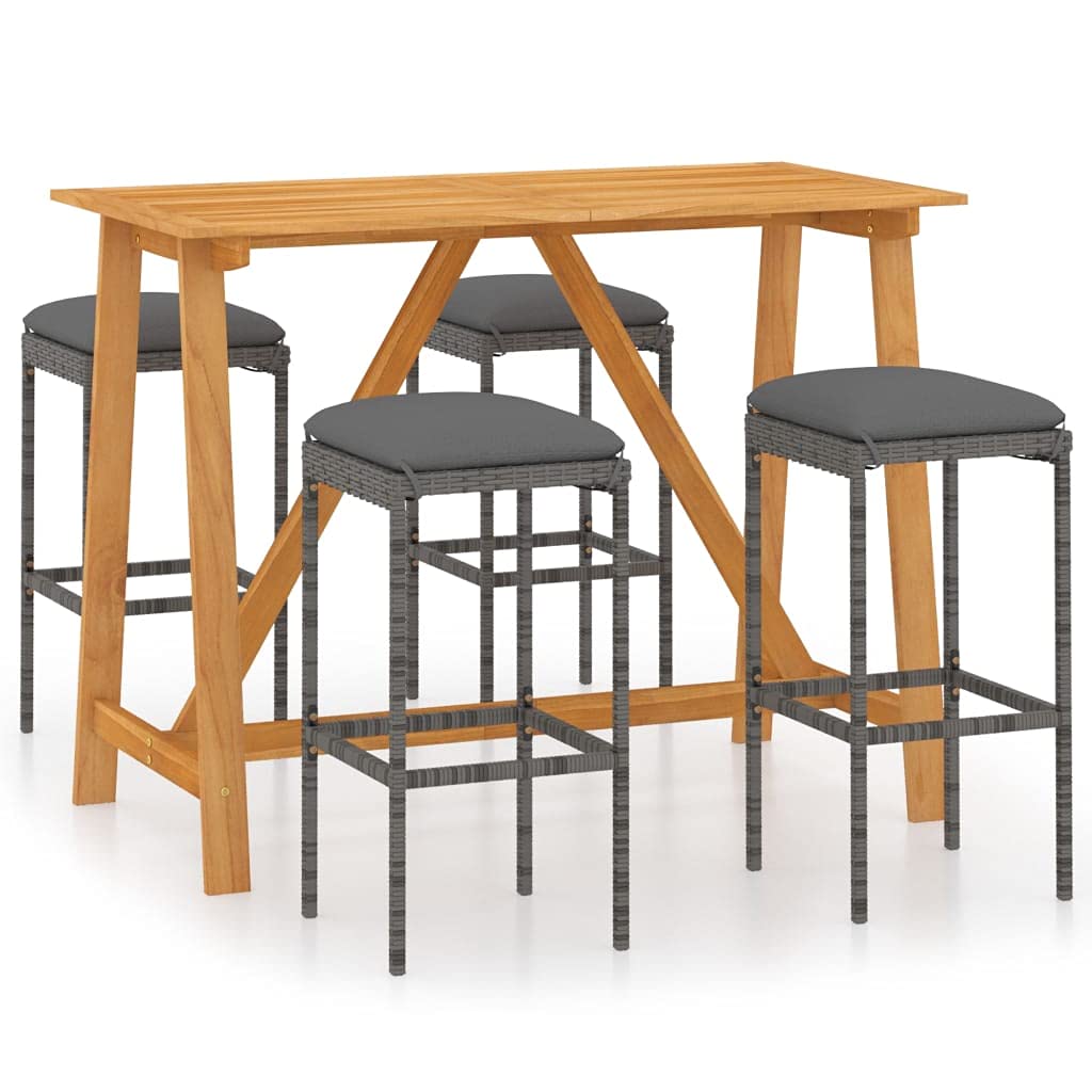 Muebles de jardín de madera de acacia con mesa alta de 140cm y 4 taburetes de ratán gris para terraza