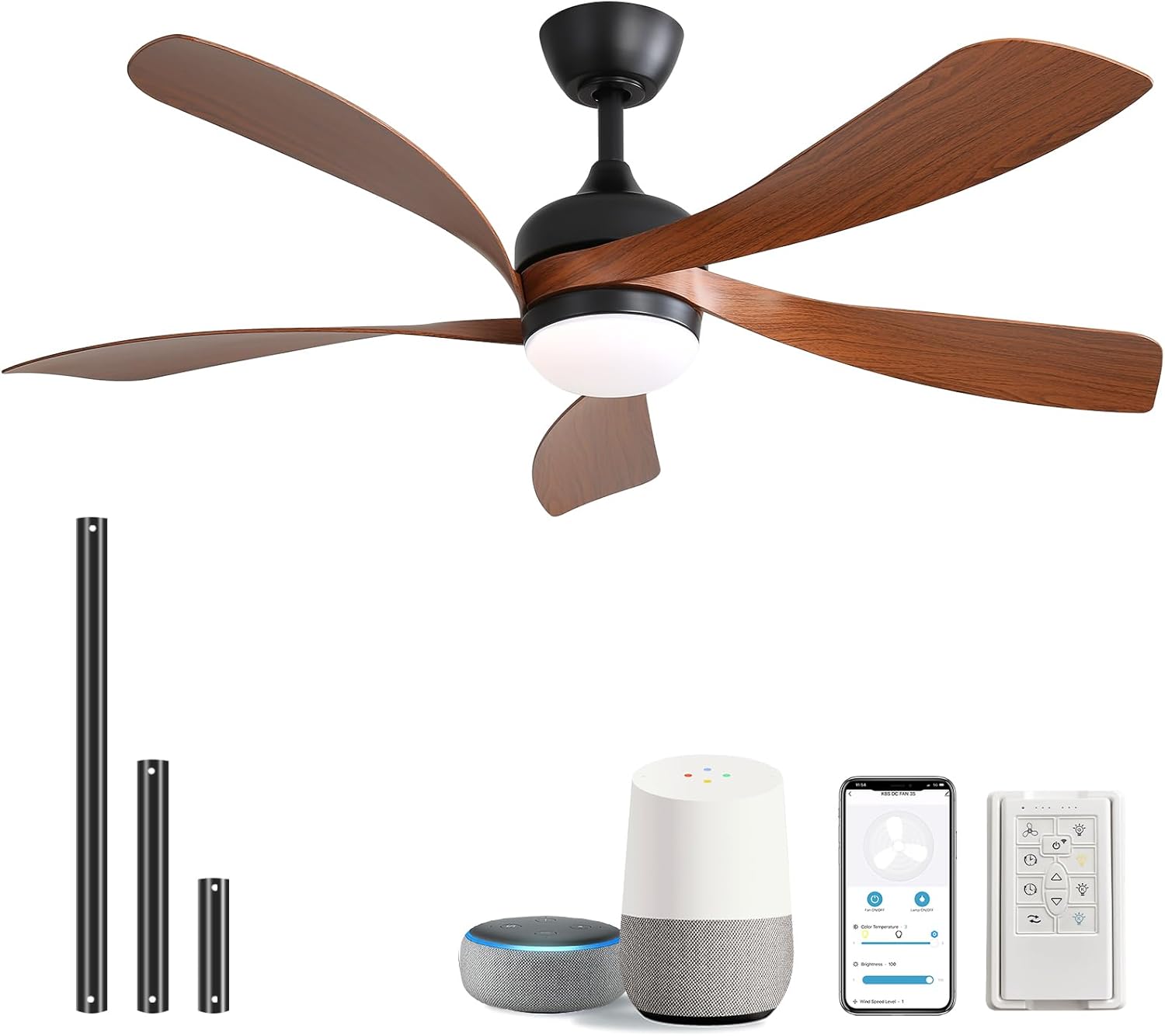 Sofucor 52 Inch Smart Ceiling Fan with Light, Modern Ceiling Fan with Dimmable Memory LED, Compatible with Alexa/Google/App, 6 Speeds 5000CFM, Timer Quiet Reversible DC Motor, 5 Plastic+ABS Blades