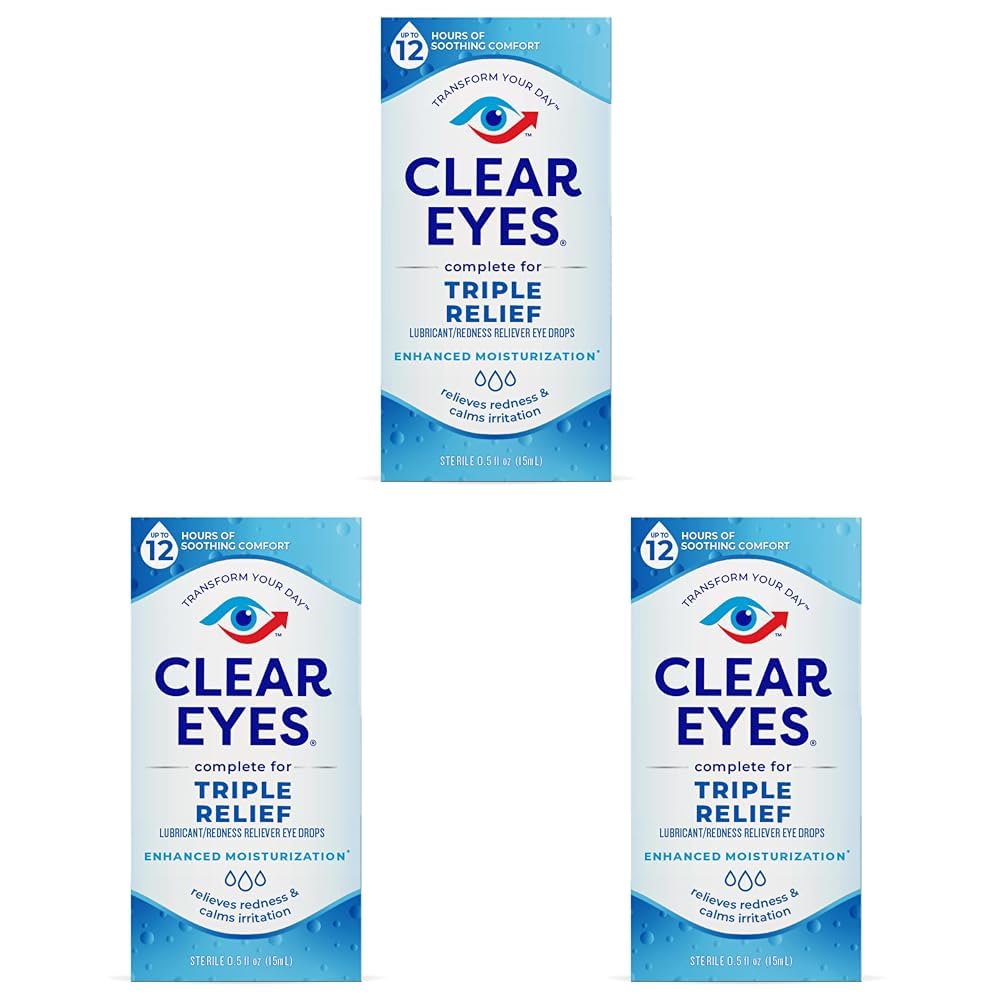 Clear Eyes Triple Relief Eye Drops, Relieves Redness & Calms Irritation, 0.5 Fl Oz (Pack of 3)