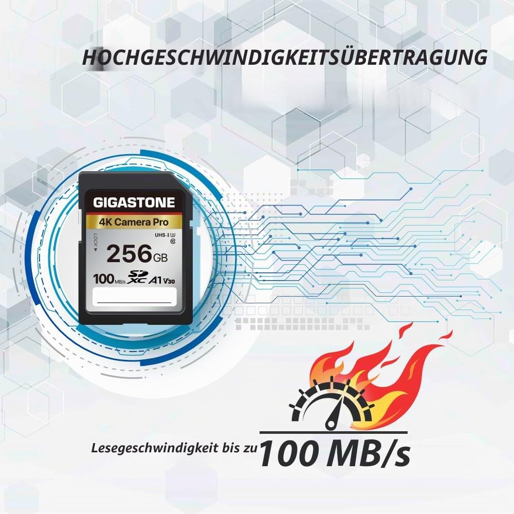 GIGASTONE 256GB SDXC Speicherkarte, 4K Kamera Pro, bis zu 100 MB/S, Digitalkameras Canon Sony Nikon Olympus, A1 UHS-I U3 V30 Klasse 10, 4K UHD Videoaufnahmen