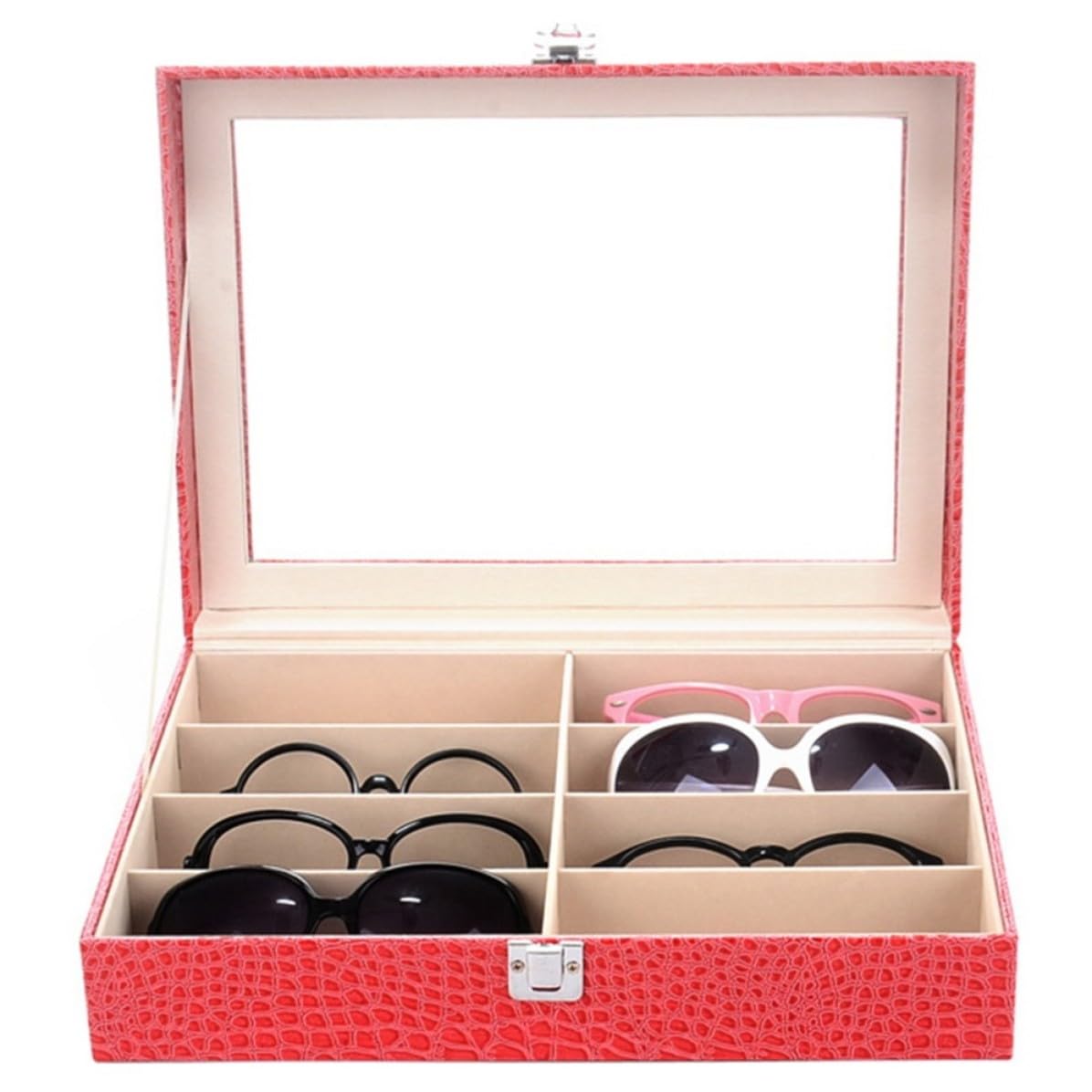 PRETYZOOM Pu Brillen Displaybox mit 8 Fächern für Sonnenbrillen, Rot