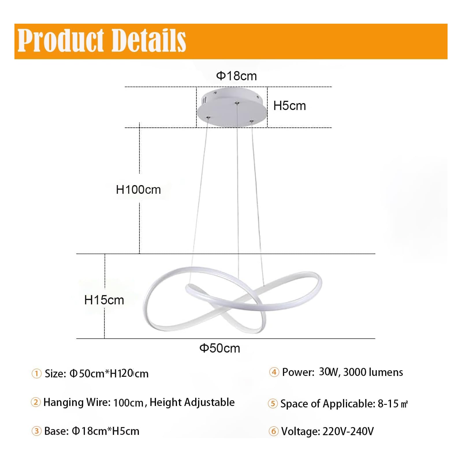 LED Lampara Techo Colgante, 30W Lamparas de Techo Salon Colgantes Moderna Regulable, Altura Ajustable Lámpara Comedor, Plafon Led Techo Lampara Colgantes para Comedor Cocina Dormitorio Salon,50cm