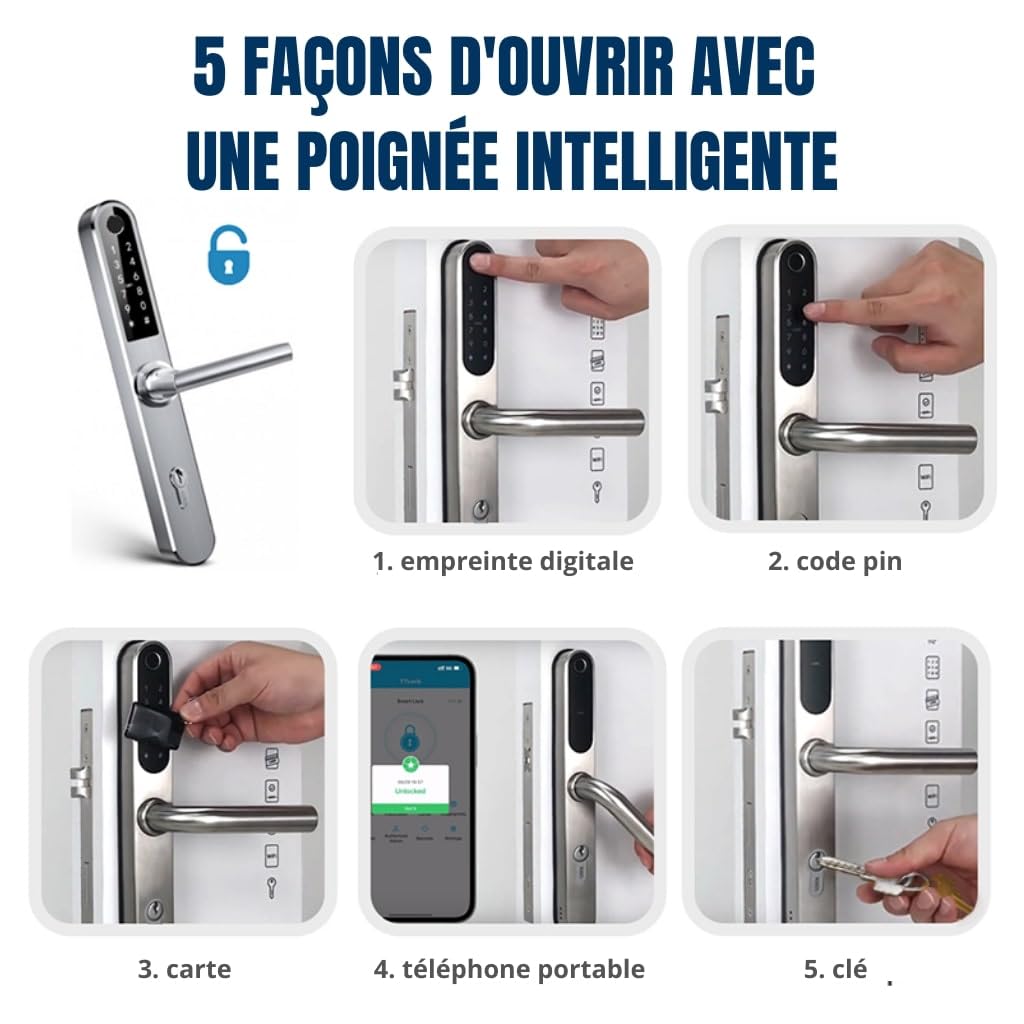 Serrure de porte intelligente Tuya avec poignée – Accès sans clé par code, empreinte ou mobile – Verrou électronique pour porte en bois, aluminium ou portail extérieur - 72 mm