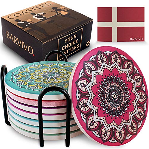 BARVIVO Mandala Keramik Untersetzer für Getränke Saugfähig 8er Set mit Halter, Schnell Absorbierende Kondensation, Perfekte Getränkeuntersetzer Holztisch Fleckschutz Kratzschutz verhindern Korkboden Cover
