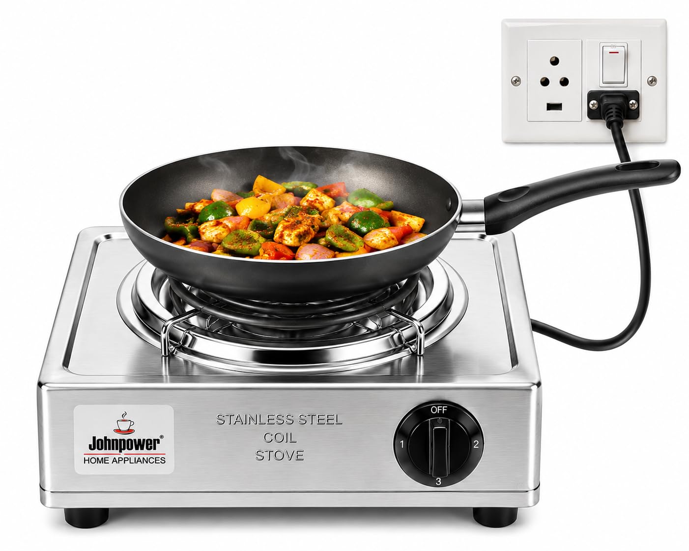 Johnpower Stainless Steel Electric Coil Stove, 2000W | 5-Level Temperature Control, Even Heat Distribution, Overheat Protection, Portable & Compact, All Cookware Compatible-image-4