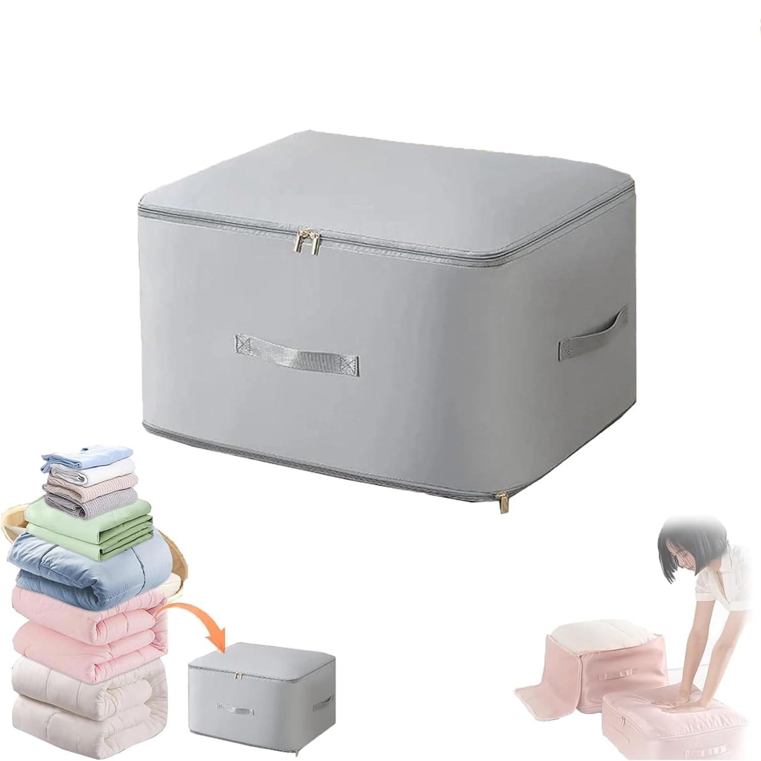 Ultra Space Saving Self Compression Organizer, Heavy Duty Moving Bag, Storage Tote for Space Saving, Self-Compressing Down Coat Storage Bag, for Comforter, Clothes, Blanket (Grey, L)