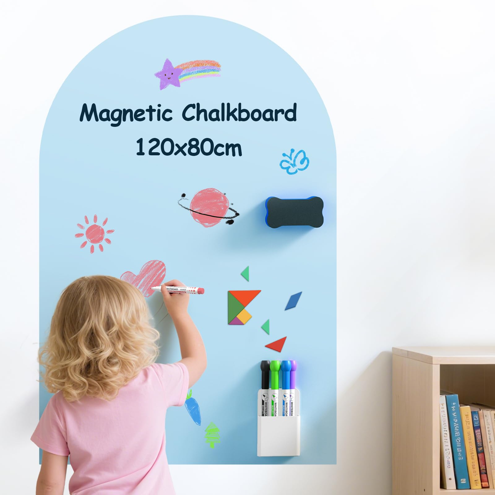 Magnetic Chalkboard for Wall, Magnetic Arched Wall Board, Peel&Stick Chalkboard, with 6*Chalk-Sticks,1*Chalk-Holder,1*Cleaning Rag, for Kids’ Learning or Drawing 120 * 80cm-Sky Blue