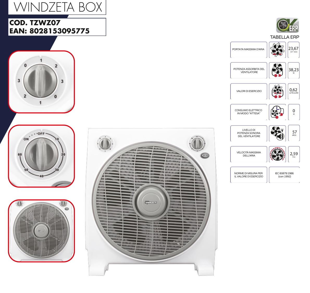 Termozeta Ventilatore Box da pavimento TZWZ07 winzeta box 30 cm 45w compatto timer con spegnimento a 0W