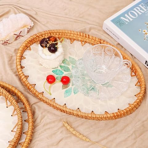 Handmade Rattan Decorative Tray for Home Decor, Oval Serving Tray with Imitated Rattan, Basket Serving Tray with Rattan Frame for Coffee, Breakfast, Food, Drink Cover