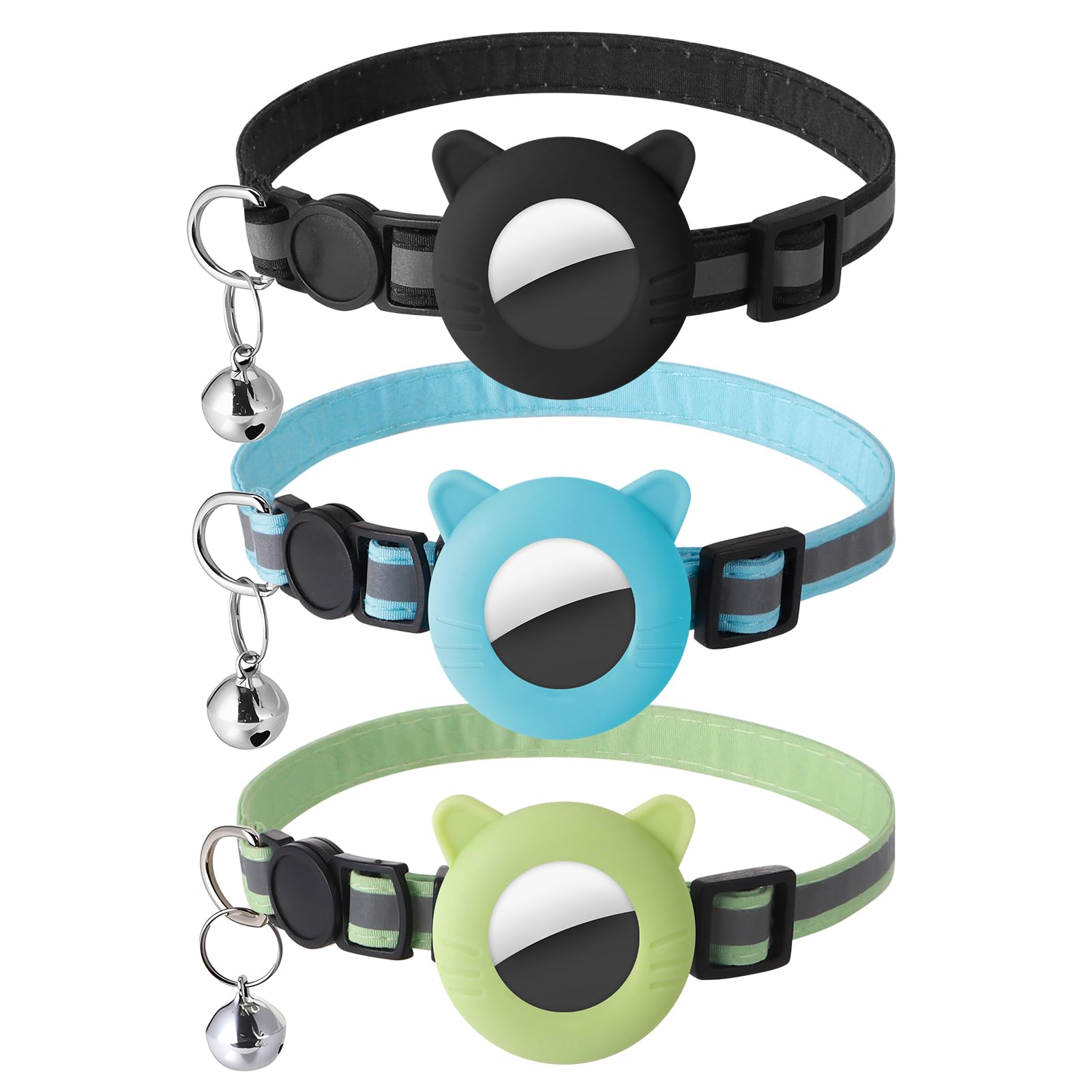 3 Pack Airtag Cat Collar Breakaway Reflective Cat Collar with Air Tag Holder and Bell, Adjustable Safety Kitten Collars for Girl Boy Cats