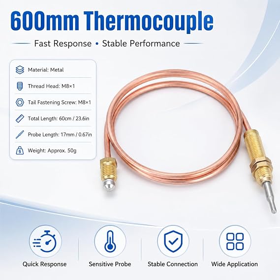 Universal Replacement Thermocouple for Gas Ovens, Boilers, Water Heaters, 600 mm Length, M8 Thread Heater, Gas Burner, Thermocouple Probe for Fireplace, Grill Accessories