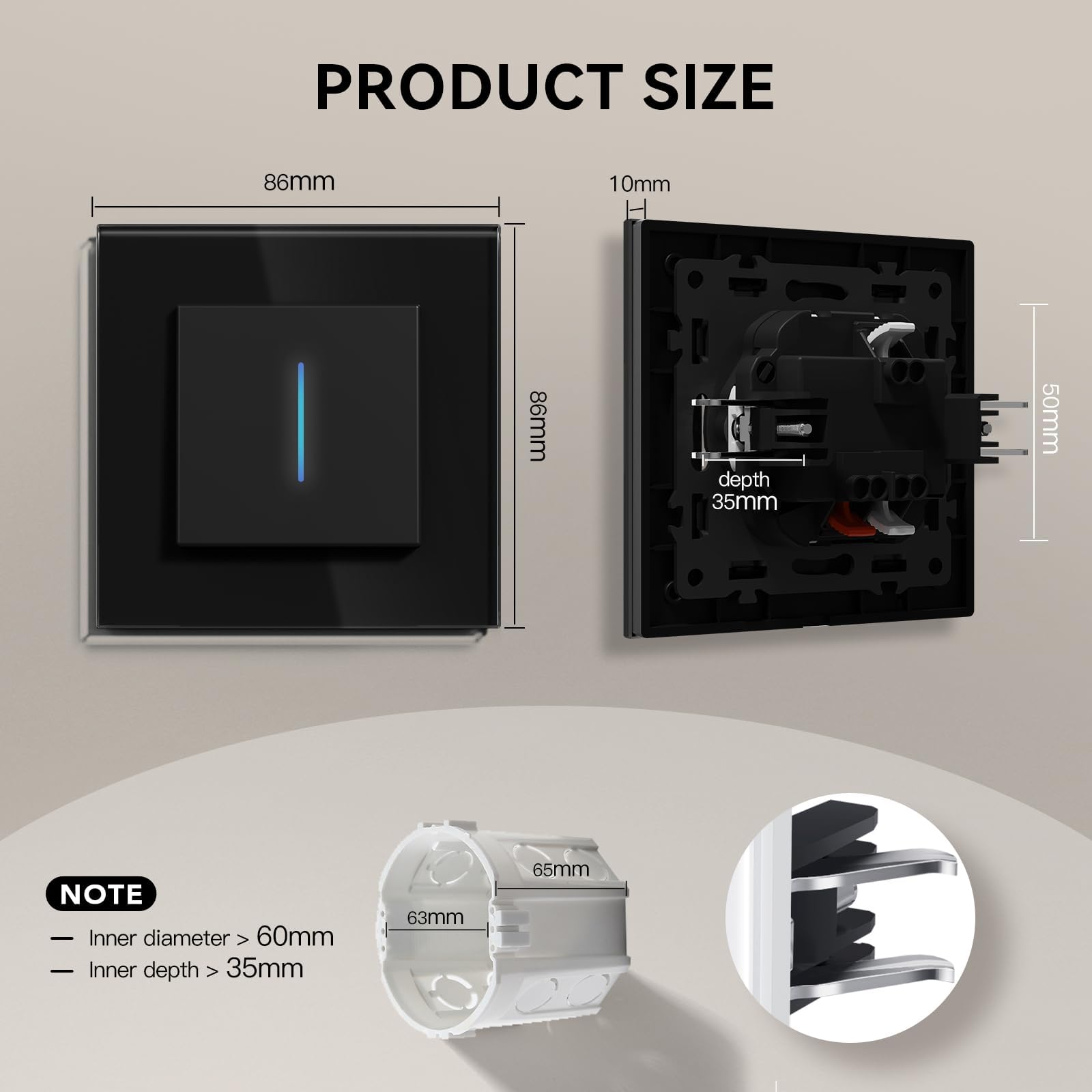 BSEED Light Switch with Led Indicator,Glass Wall Toggle with Grappling Hook,Easy Installation,E-Series,1 Gang 1 Way,86mm Black - Image 4