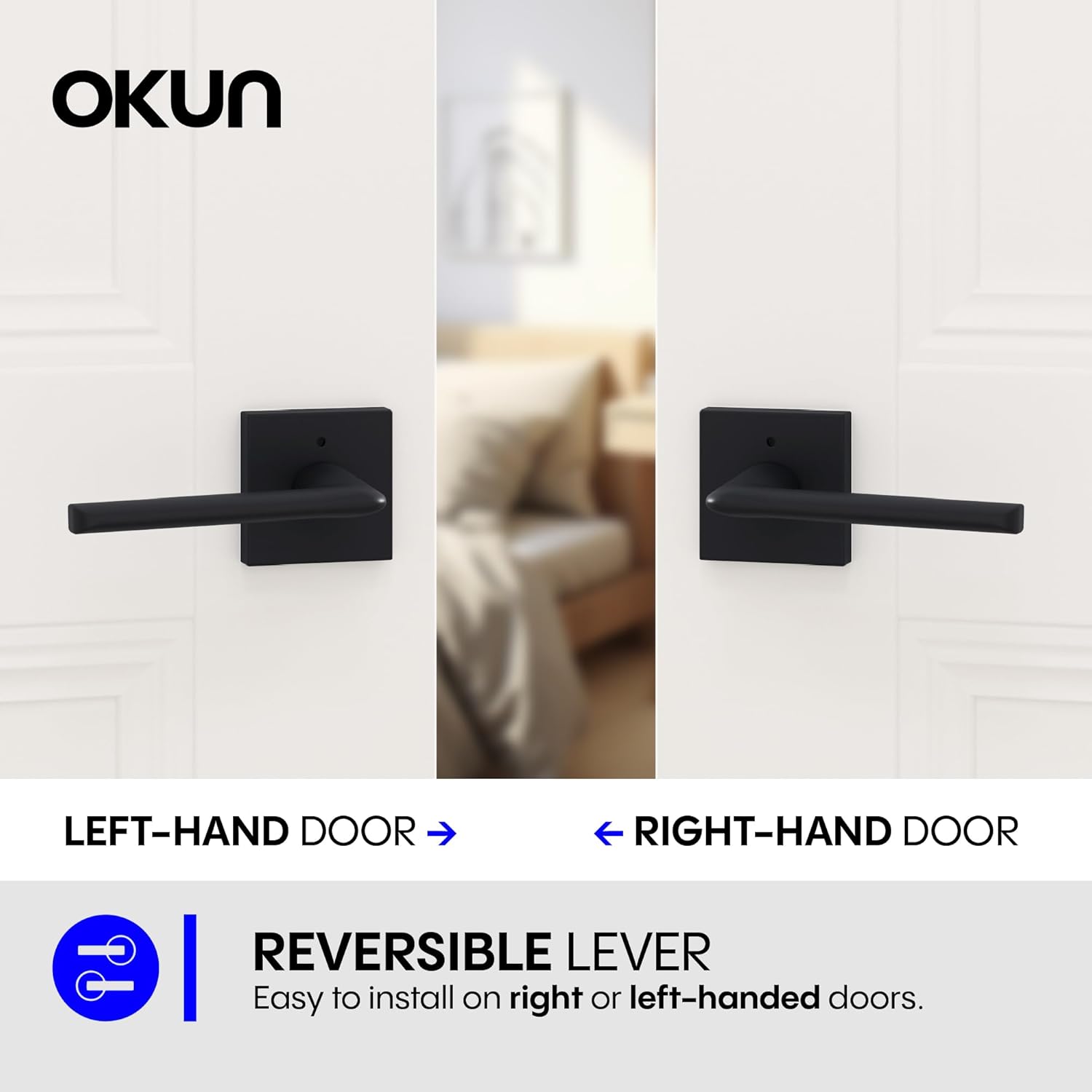 Okun Mirra 6-Pack Matte Black Privacy Door Levers – Push Button Lock, Reversible, Sleek Concealed-Mount Design for Bedroom & Bathroom
