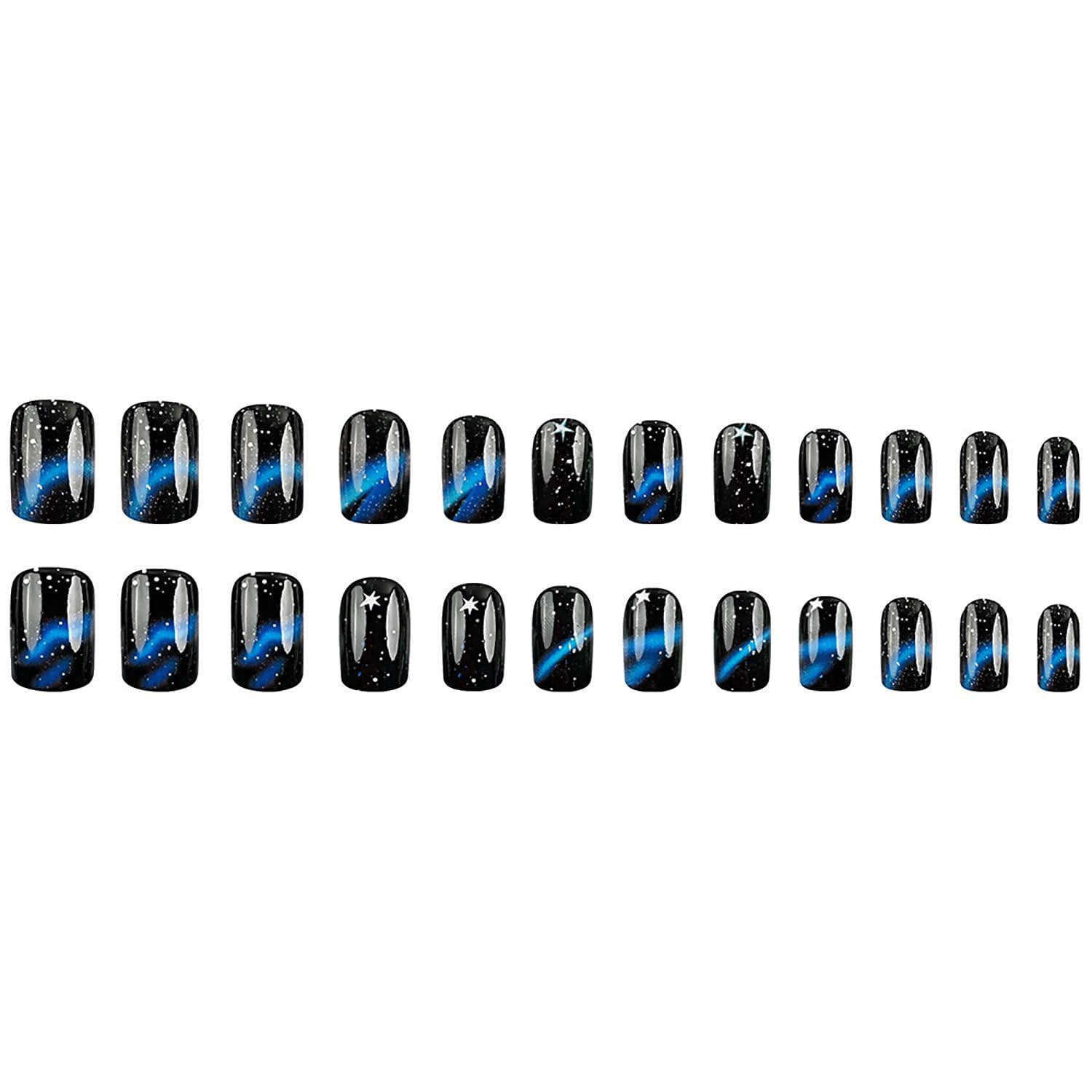 Starry Sky Press on Nails Short Square Fake Nails Black Blue Stick on Nails Press Ons with Star Designs Reusable False Nail Full Cover Glossy Glue on Nail for Women Acrylic Nail Decoration 24Pcs