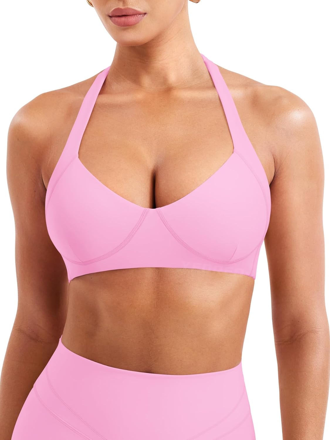 YEOREO Women Halter Sports Bra Light Support V Neck Padded Strappy Open Back Workout Gym Tops - Image 2