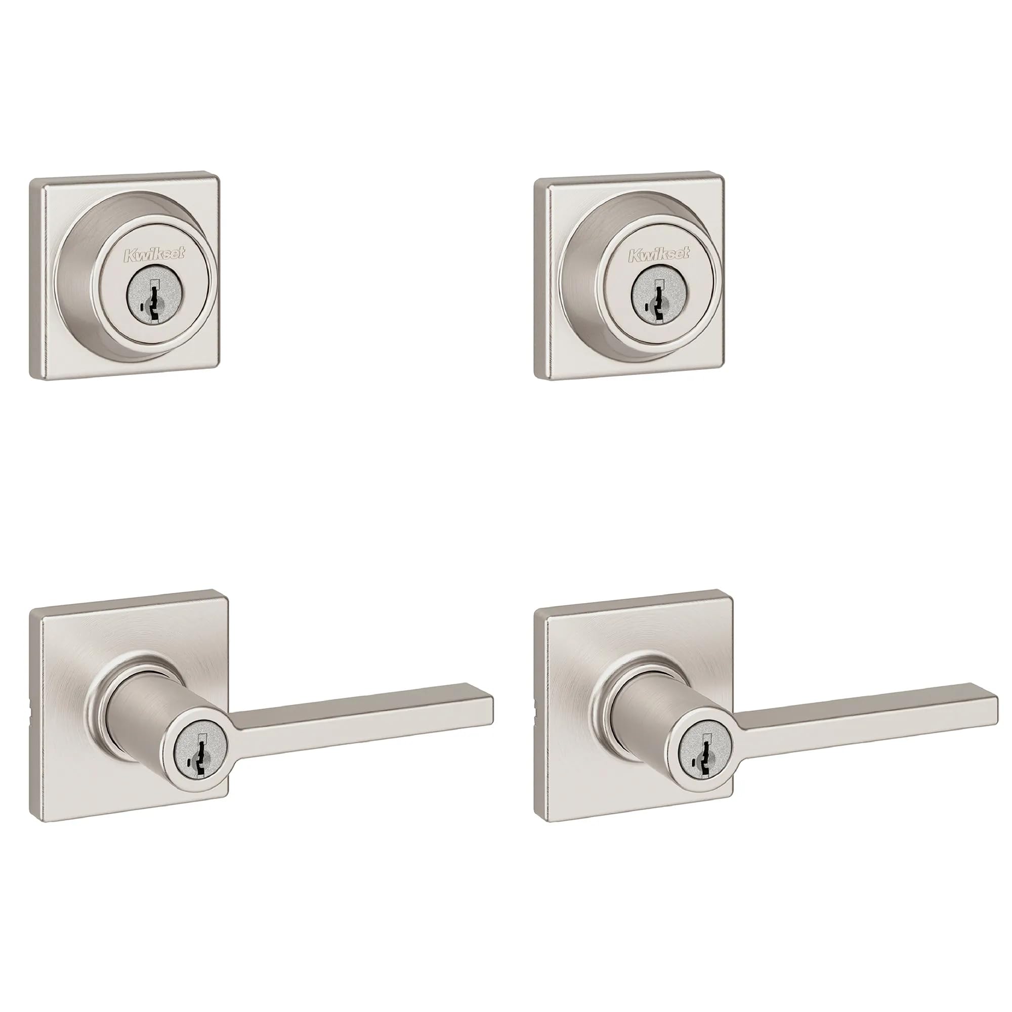 Kwikset Casey Square Front Door Lock Handle and Deadbolt Set, Entry Exterior with Interior Reversible Lever, Satin Nickel, Project Pack, Pick Resistant SmartKey Rekey Deadbolt Security