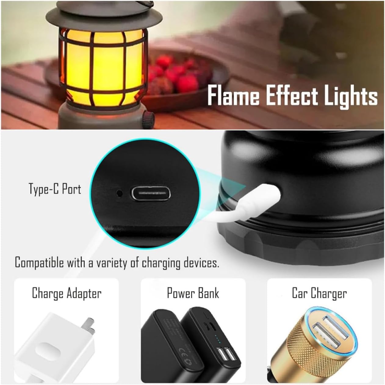 Rechargeable Camping Lantern, Flame Decorative Table Lamp, 2 Modes LED Lights with Hooks, Dimmable, Vintage Style, Portable Camping Light for Indoor/Outdoor Use
