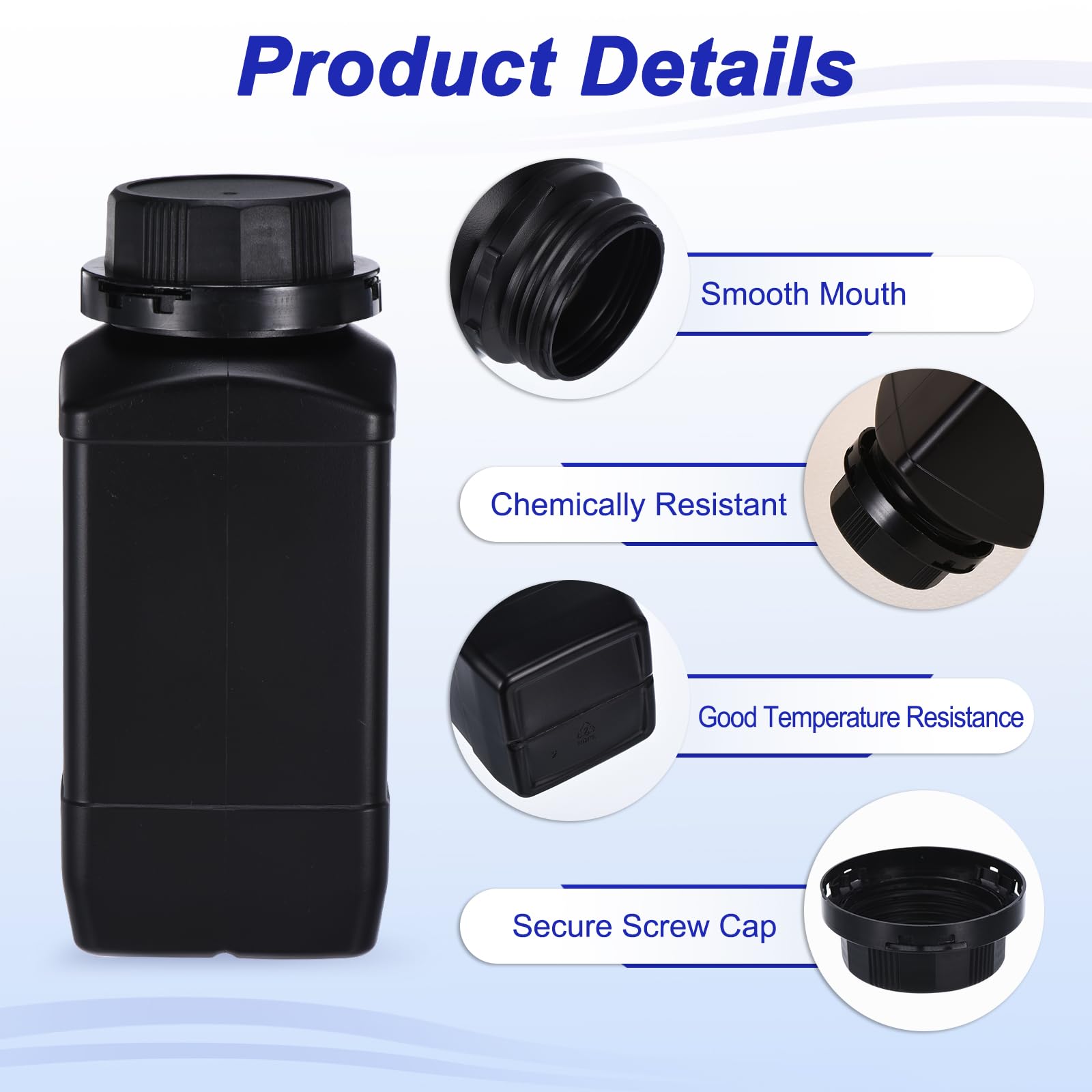 PATIKIL 5Pcs Bouteilles de Réactif de 1000 ml, Bouchon à Vis, en HDPE, à Large Ouverture, pour le Stockage de Liquides Réactifs en Laboratoire, Échantillons Solides, Couleur Noire