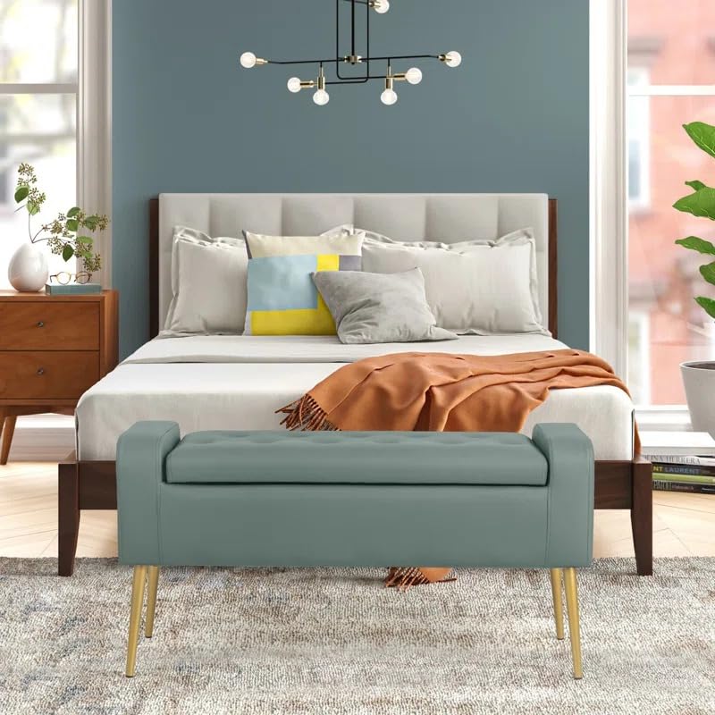 Image of Upholstered Ottoman Bench with Gold Metal Legs for Bedroom & Living Room | 2 Seater Tufted Entryway Bench Sofa with Storage Look | Modern End of Bed Seating Bench, Compact Footrest Stool, Sage Green