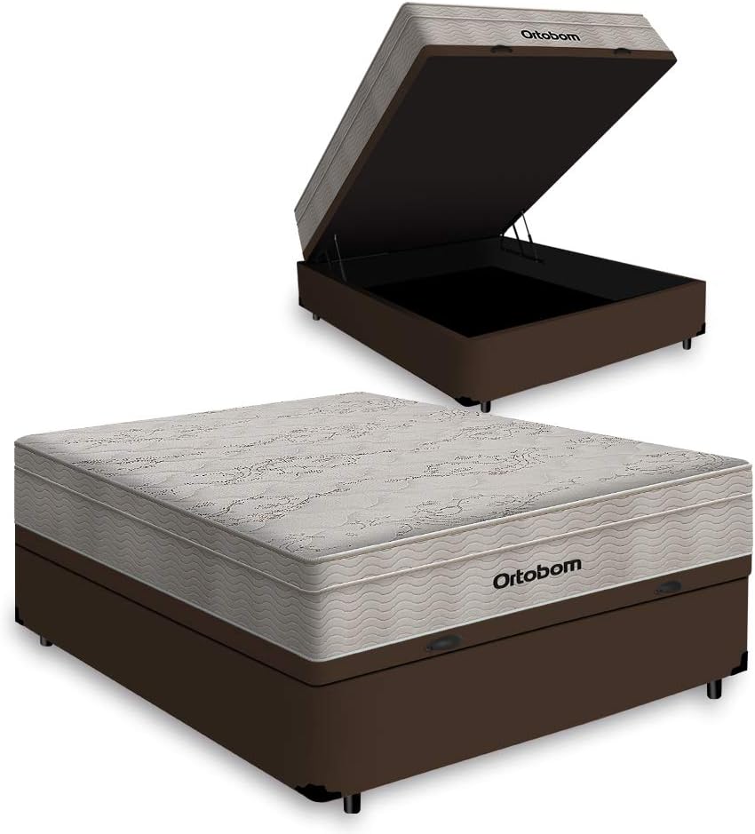Cama Box Baú Queen Marrom + Colchão De Molas Ensacadas - Ortobom - AirTech SpringPocket 158x198x67cm