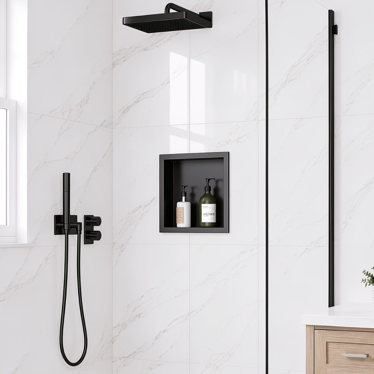 14 x 12 Inch Stainless Steel Shower Niche, No Tile Needed Wall Niche, Recessed Wall Niche Insert for Bathroom Shower Kitchen Storage, Matte Black