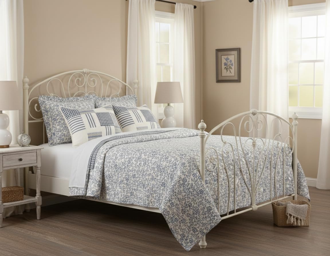 Doylestown Queen Patchwork and Floral Quilt, 100% Cotton Reversible Bed Quilt with Gingham Check, Grain Sack and Blue Ticking Stripes for Boho Chic and Rustic Farmhouse Bedroom Decor (90”x90”)