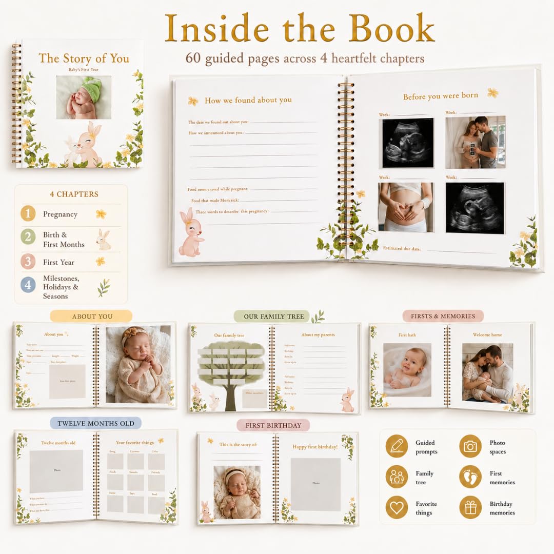 Libro de recuerdos para bebé con pancarta mensual de fotos y calcomanías, diario de recuerdo de primer año y álbum de fotos, tapa dura neutra de género para recién nacidos y baby shower