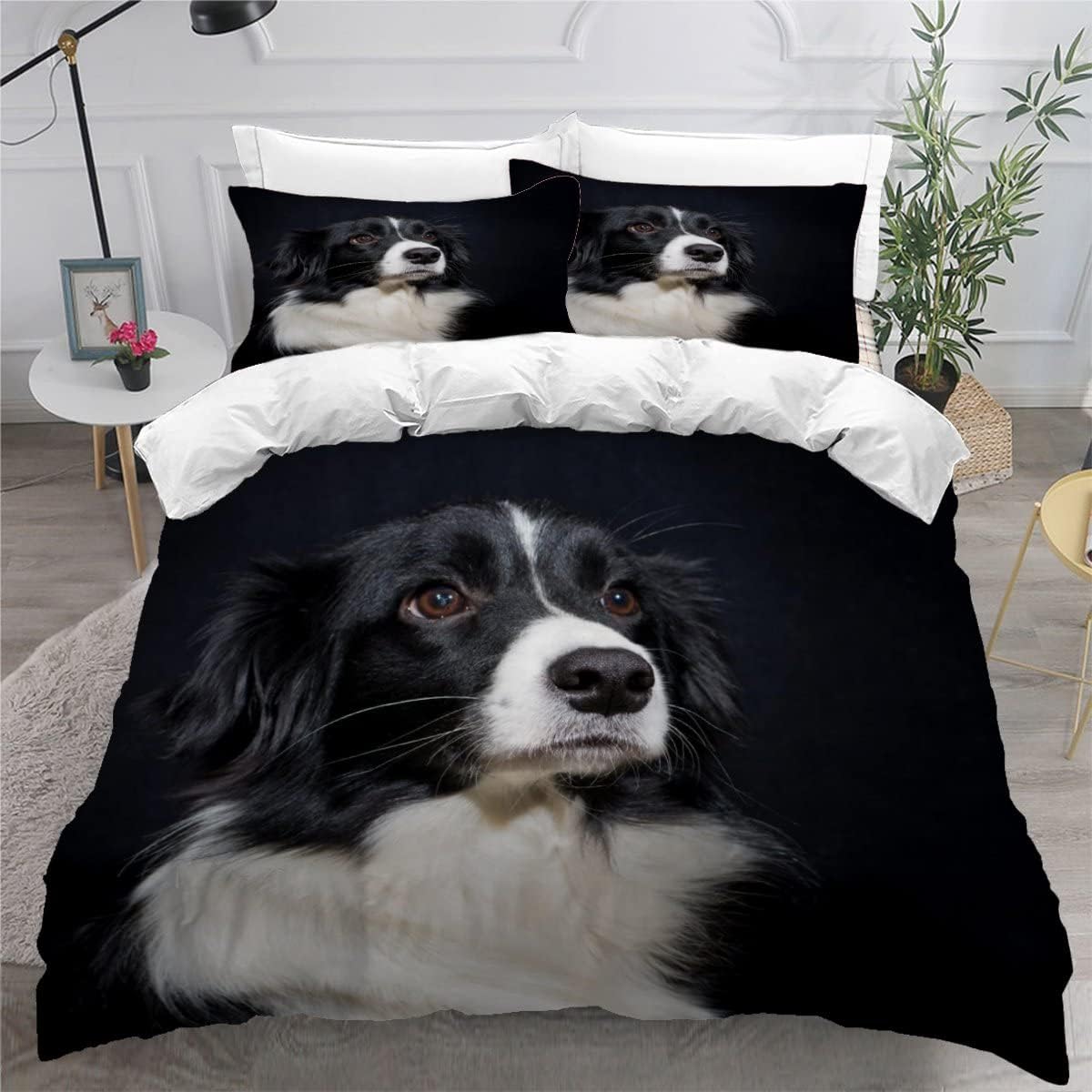 MEVASA Border Collie Bedding Set - Microfiber Teen Bedding - Cute Dog Black 3D Pattern - Anti Allergic Double Duvet Cover Set with Zipper /200x200