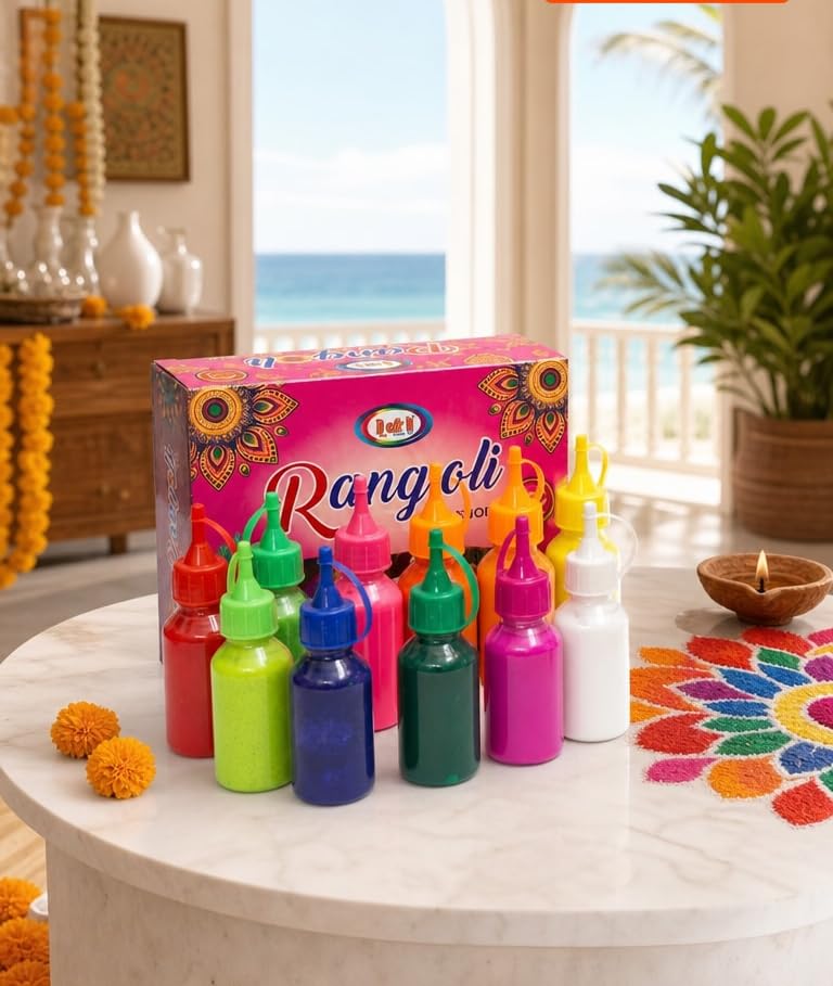 10 Rangoli Powder Colors Bottles 4 Stencils and Creativity Diwali...