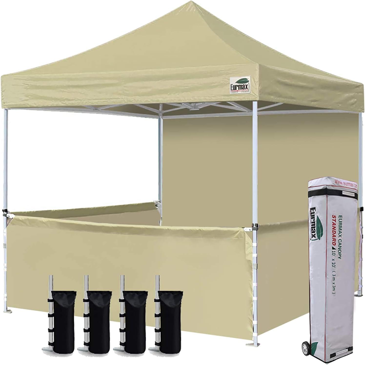 Eurmax 10'x10' Ez Pop-up Booth Canopy Tent Commercial Instant Canopies with 1 Full Sidewall & 3 Half Walls and Roller Bag, with 4 SandBags&3 Cross-Bar (Beige)