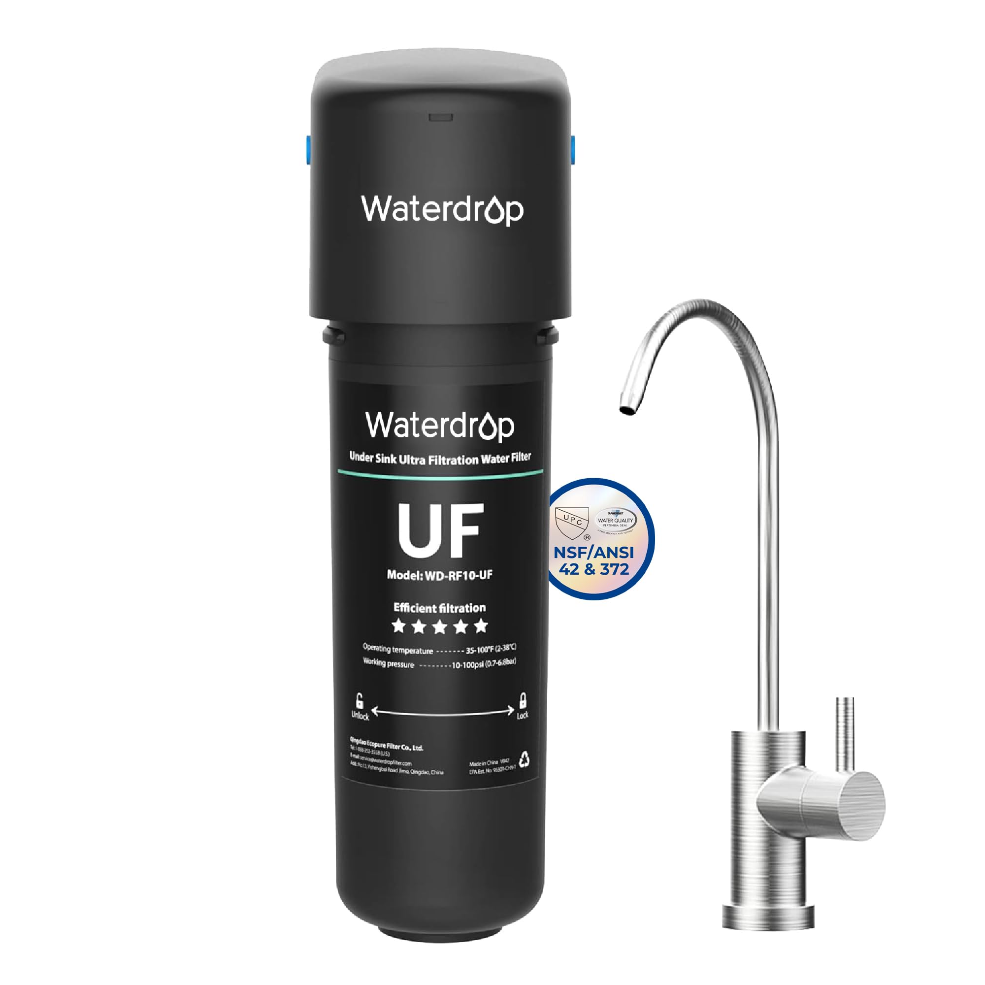 Waterdrop 10UB-UF 0.01 μm Ultra Filtration Under Sink Water Filter System for Baçtёria Reduction, 30,000 Liters with Dedicated Faucet, Reduce PFAS, PFOA/PFOS, Reduces Lead, Chlorine, Bad Taste