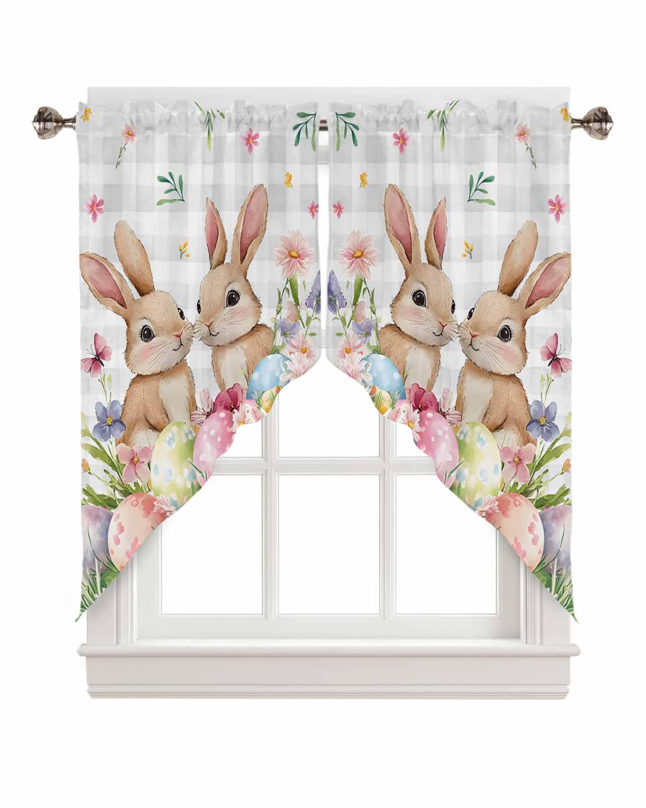 BEMIGO Swag Valances for Windows, Easter Egg Rabbit Kitchen Window Curtains Over Sink, Gray Plaid Rod Pocket Swag Curtains Valance, 2 Panels, 45 Inches Length