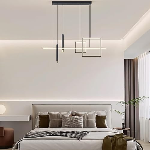 Miniatura 9 de Lámpara de araña LED moderna, regulable, lineal negra, con cuadrados, lámpara colgante de comedor de 39 pulgadas, lámpara colgante de isla de cocina
